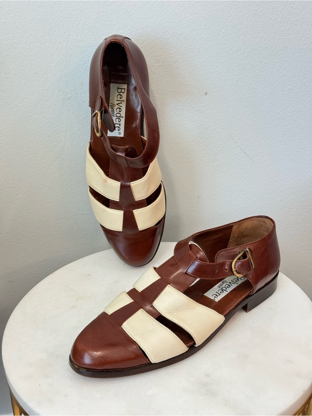 Belvedere Brown and Cream Leather Fisherman Loafers Sz 9